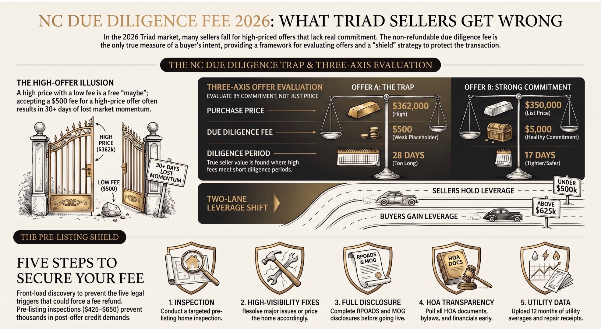 NC Due Diligence 2026 infographic — Triad Seller's Shield playbook, due diligence fee tiers by price, pre-listing inspection cost, and the offer-evaluation math
