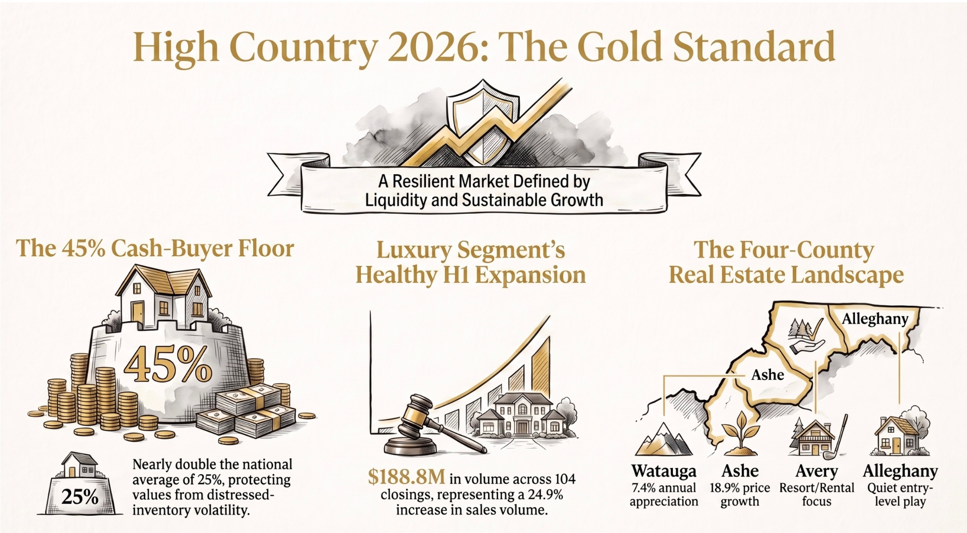 High Country 2026: The Gold Standard infographic by Teresa Overcash &mdash; three panels showing the 45 percent cash-buyer floor, the $188.8M and 104 closing luxury segment in H1 2026, and the four-county investment map across Watauga, Avery, Ashe, and Alleghany.