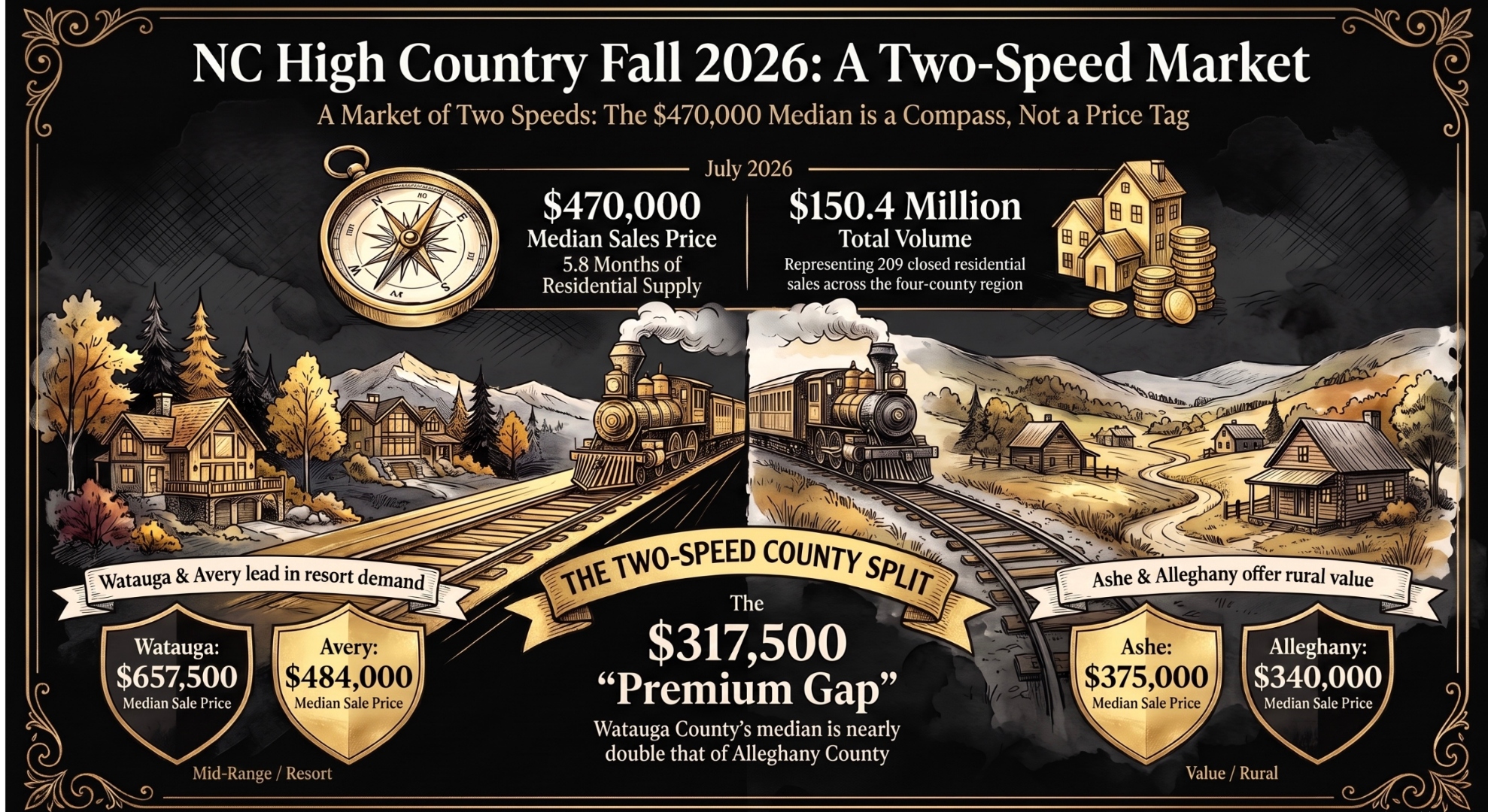 High Country fall 2026 market snapshot: $470,000 regional median, county split, and the buyer measures that matter.