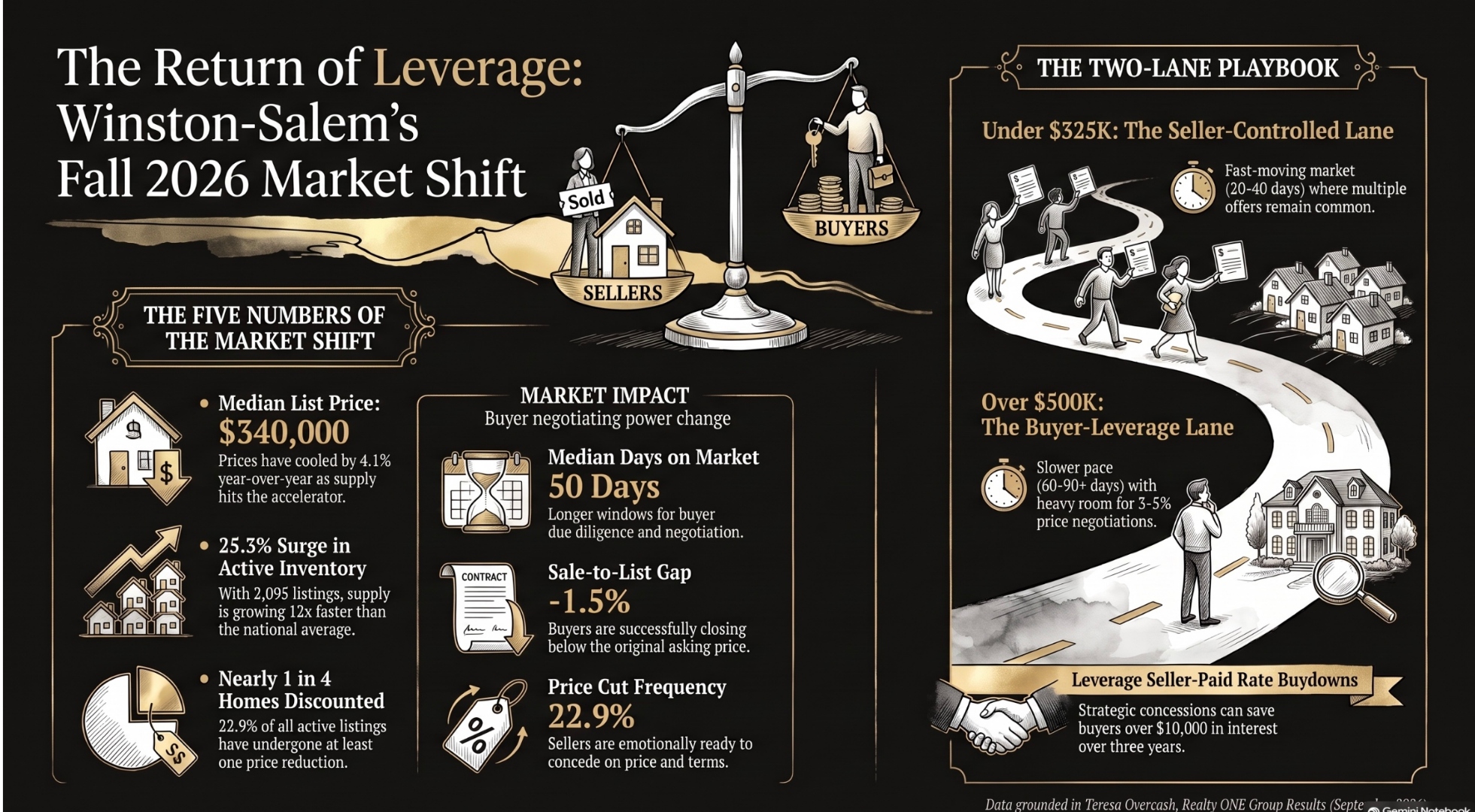 Winston-Salem Fall 2026 Return of Leverage &mdash; the five numbers of the market shift, market impact metrics, and the two-lane playbook. Data grounded in Teresa Overcash, Realty ONE Group Results, September 2026.